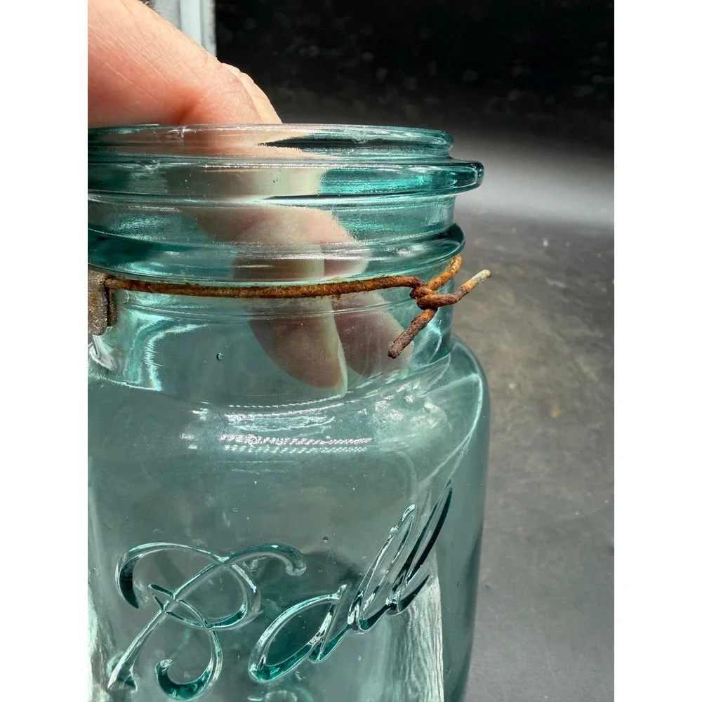 Vintage Ball Ideal Aqua Blue Glass Mason Jar with Wire Bail Patina Antique